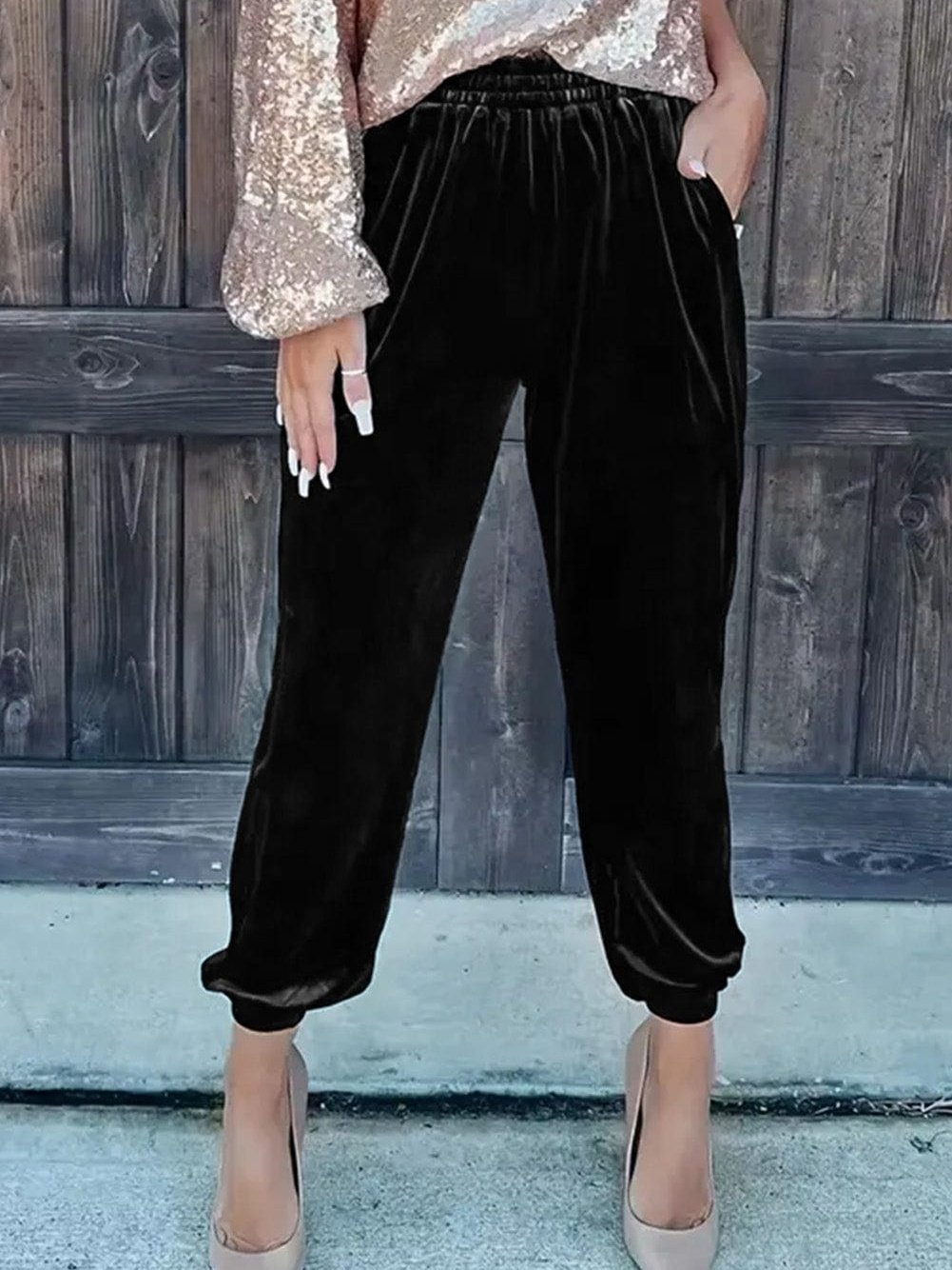 Black Solid Velvet Jogger Pants
