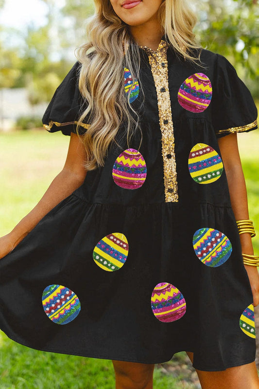 Black Sparkling Easter Egg Sequin Detail Mini Dress