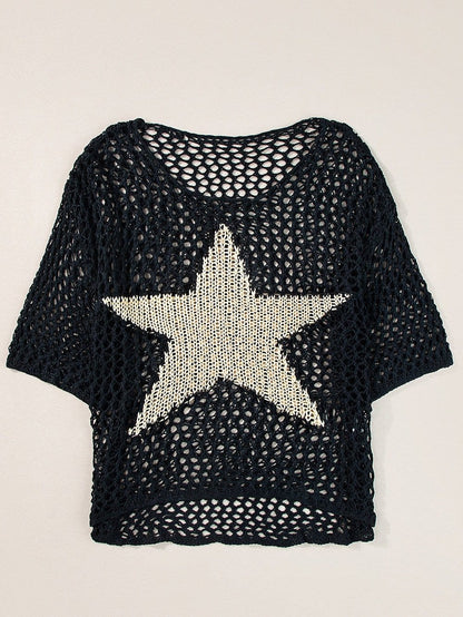 Black Star Crochet Knit Summer Top with Graphic Design