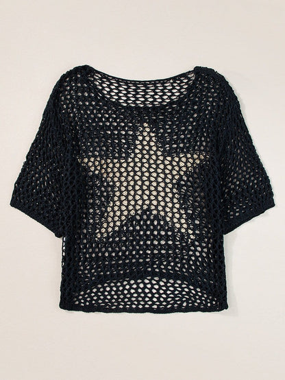 Black Star Crochet Knit Summer Top with Graphic Design