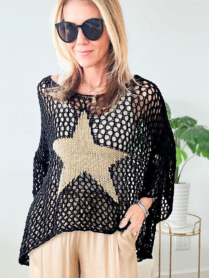 Black Star Crochet Knit Summer Top with Graphic Design