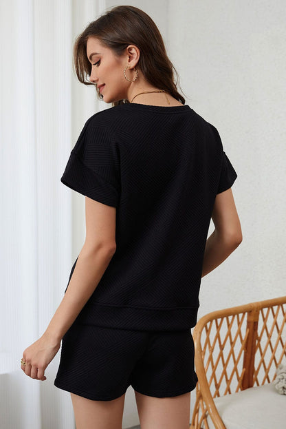 Black Textured Ribbed Two-Piece Set with Drawstring Shorts