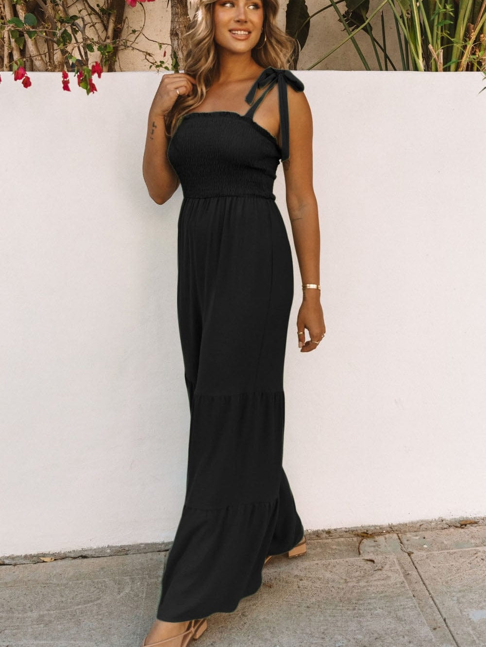 Black Tie Straps Shirred Bodice Tiered Wide Leg Jumpsuit