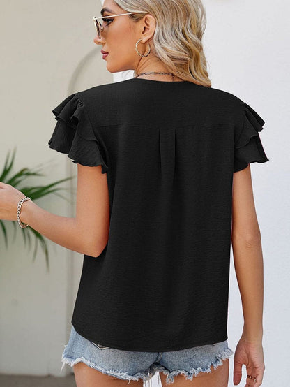 Black V Neck Elegant Ruffle Sleeve Blouse