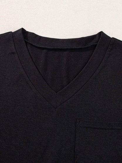 Black V Neck Pocketed Tee with Curved Hem