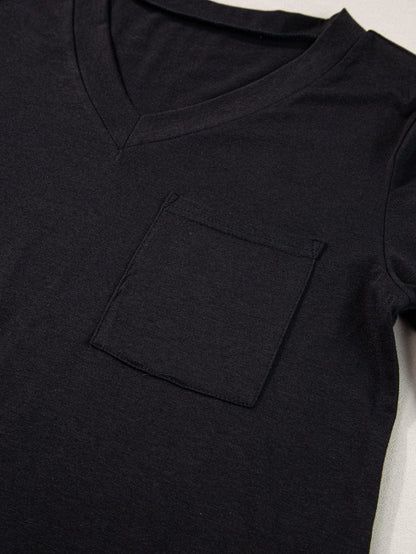 Black V Neck Pocketed Tee with Curved Hem
