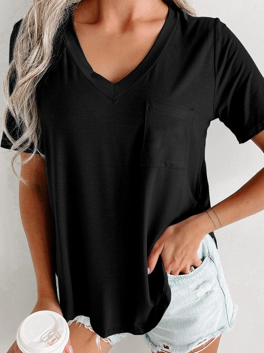 Black V Neck Pocketed Tee with Curved Hem