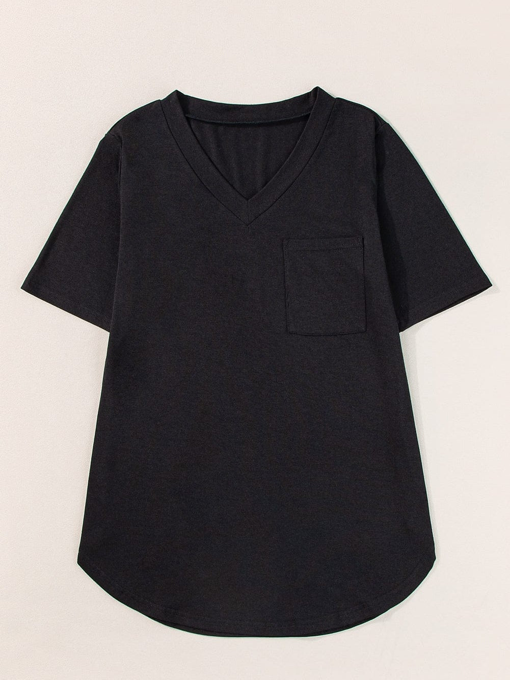 Black V Neck Pocketed Tee with Curved Hem