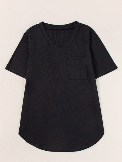 Black V Neck Pocketed Tee with Curved Hem