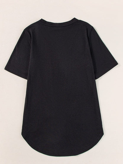 Black V Neck Pocketed Tee with Curved Hem