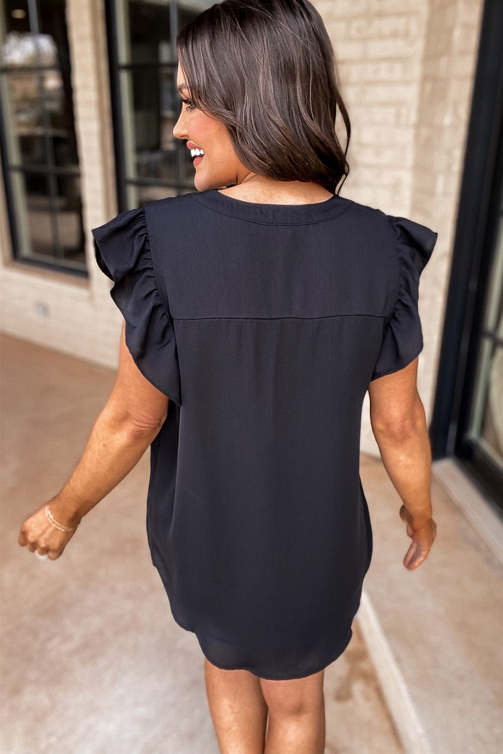 Black V-Neck Ruffle Sleeve Blouse with Notched Neck and Pleated Details