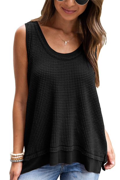 Black Waffle Knit Flowy Vest with Scoop Neck