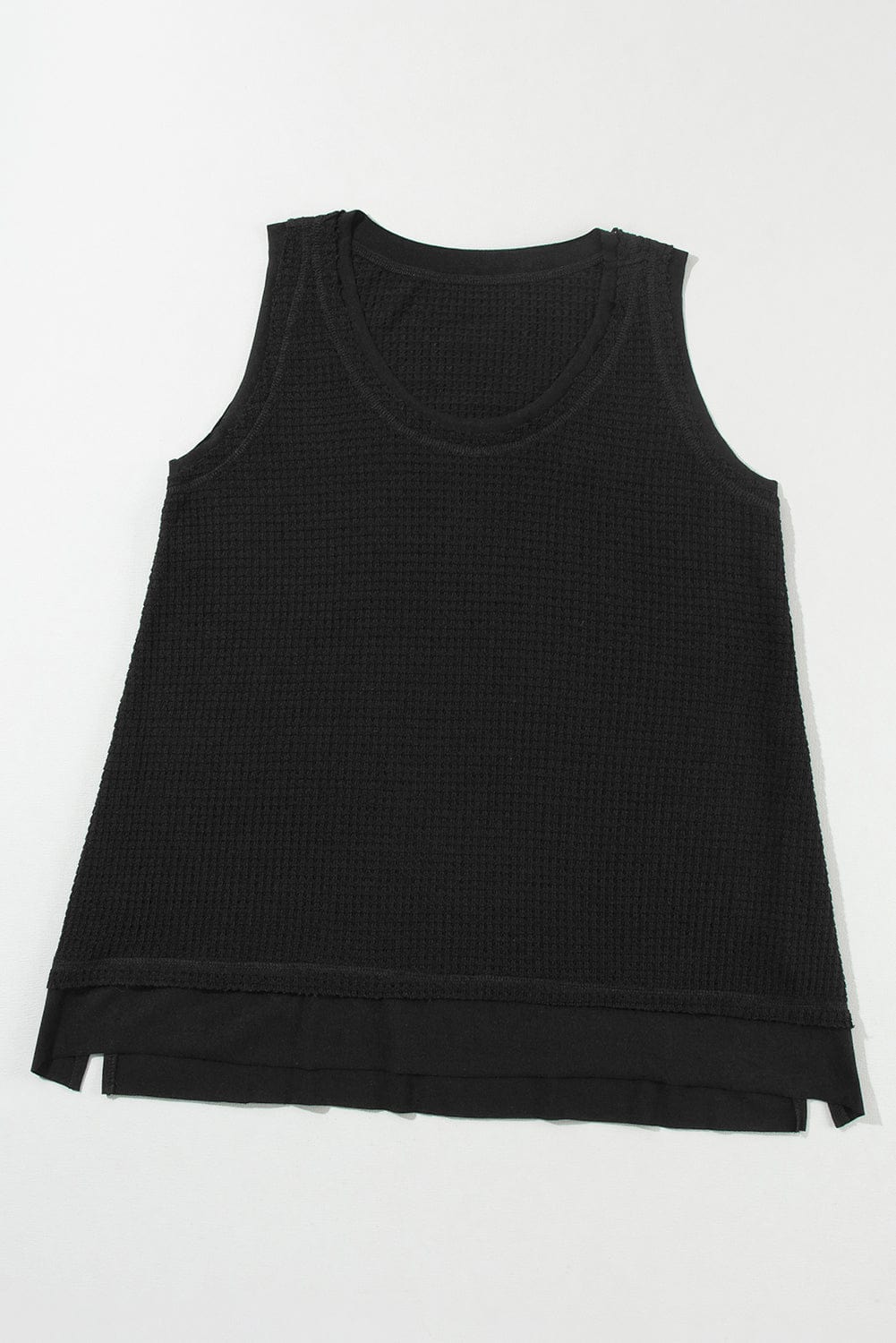 Black Waffle Knit Flowy Vest with Scoop Neck