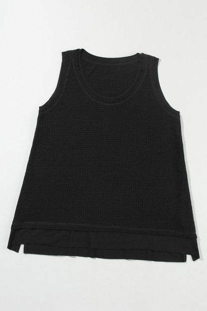 Black Waffle Knit Flowy Vest with Scoop Neck
