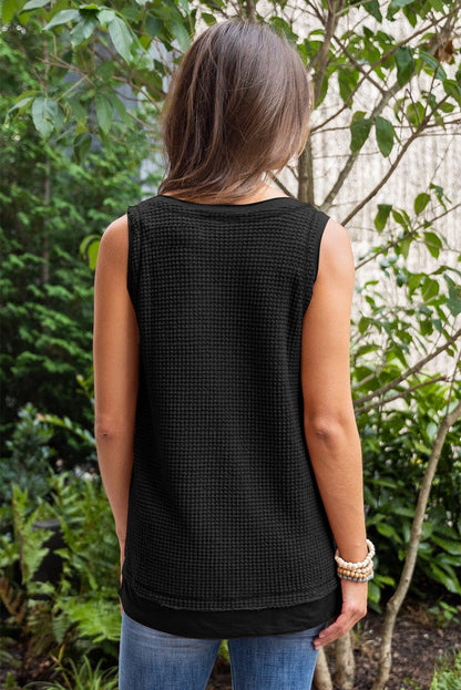 Black Waffle Knit Flowy Vest with Scoop Neck