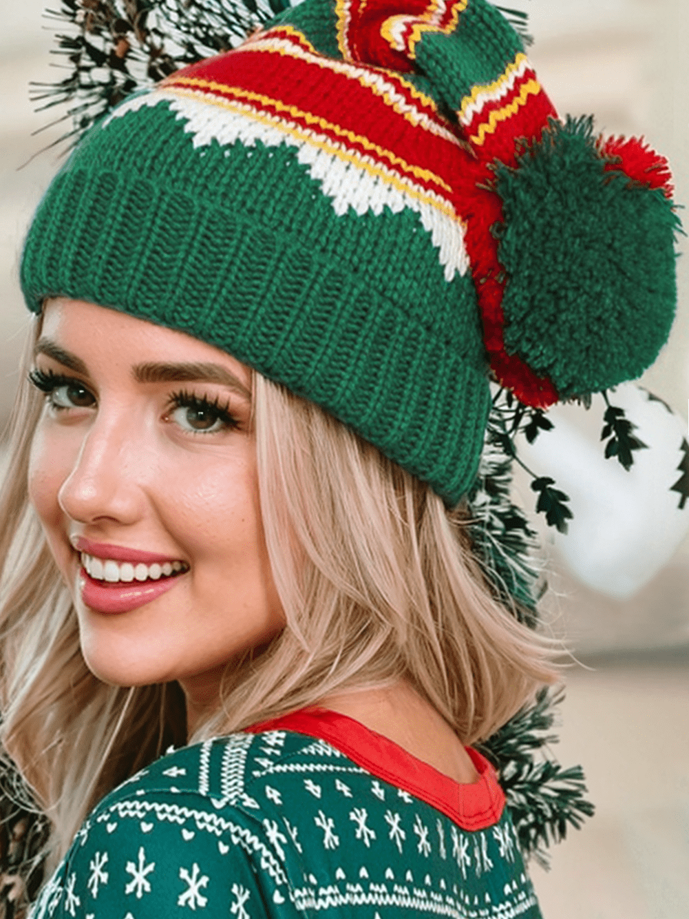Blackish Green Christmas Color Block Pom Pom Knitted Hat