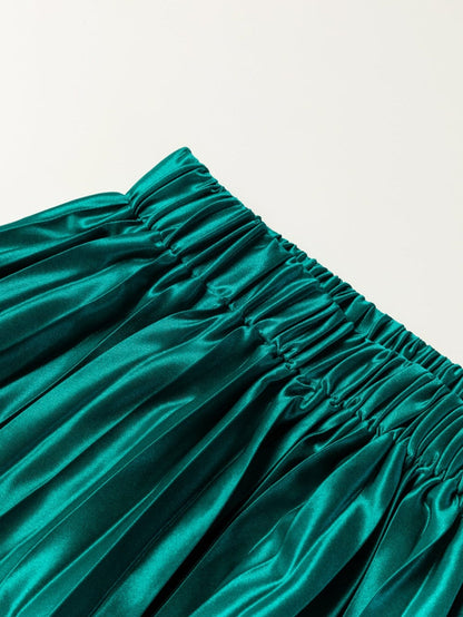 Blackish Green Satin Elastic Waist Pleated Maxi Skirt