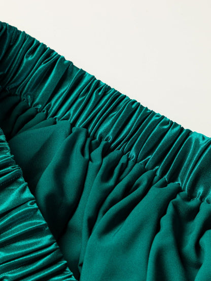 Blackish Green Satin Elastic Waist Pleated Maxi Skirt