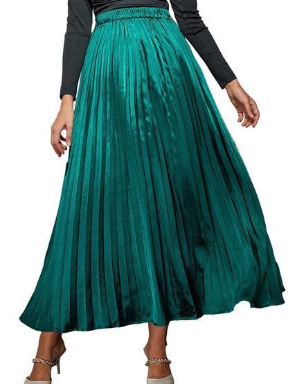 Blackish Green Satin Elastic Waist Pleated Maxi Skirt