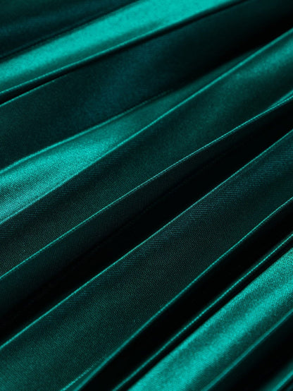 Blackish Green Satin Elastic Waist Pleated Maxi Skirt