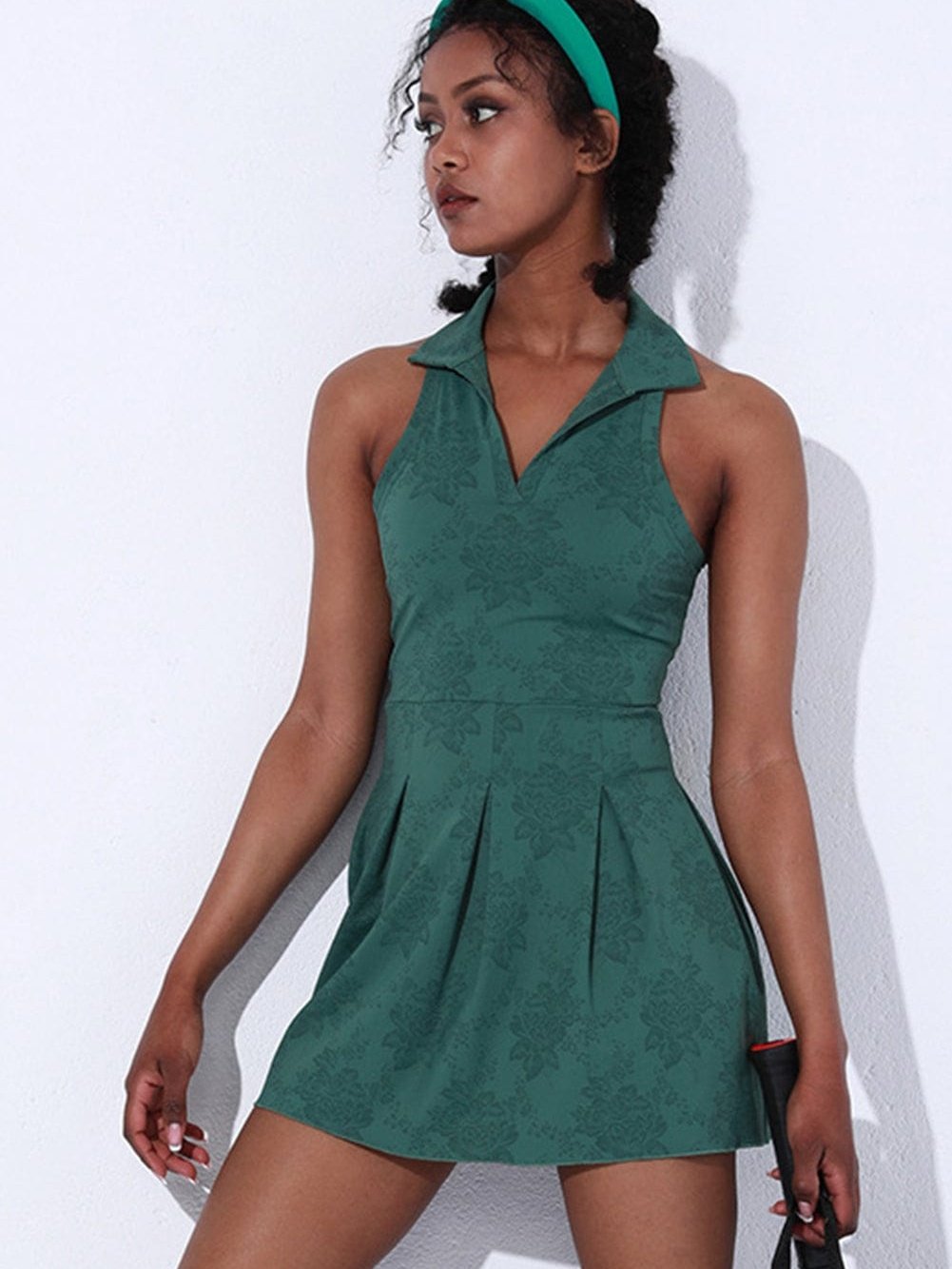 Blackish Green Sleeveless V Neck Shirt Collar Sports Mini Dress
