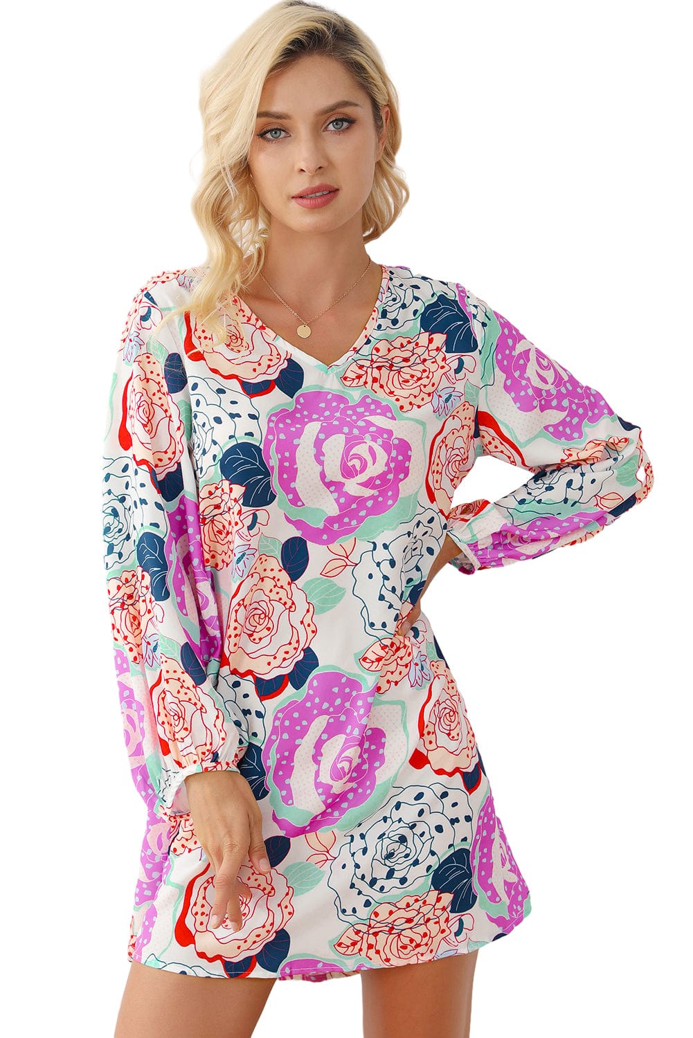 Blooming Floral Print Dress with Multicolor Bracelet Sleeves