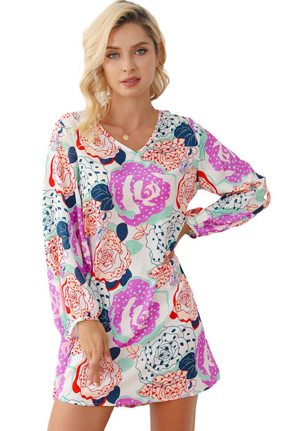 Blooming Floral Print Dress with Multicolor Bracelet Sleeves