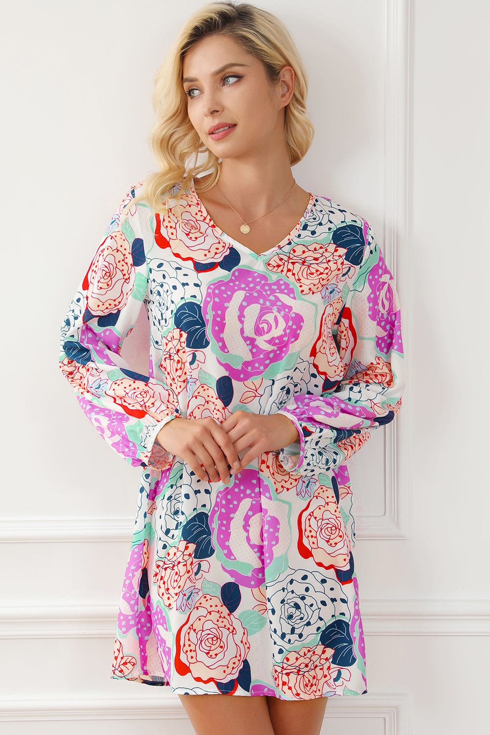 Blooming Floral Print Dress with Multicolor Bracelet Sleeves