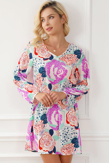 Blooming Floral Print Dress with Multicolor Bracelet Sleeves