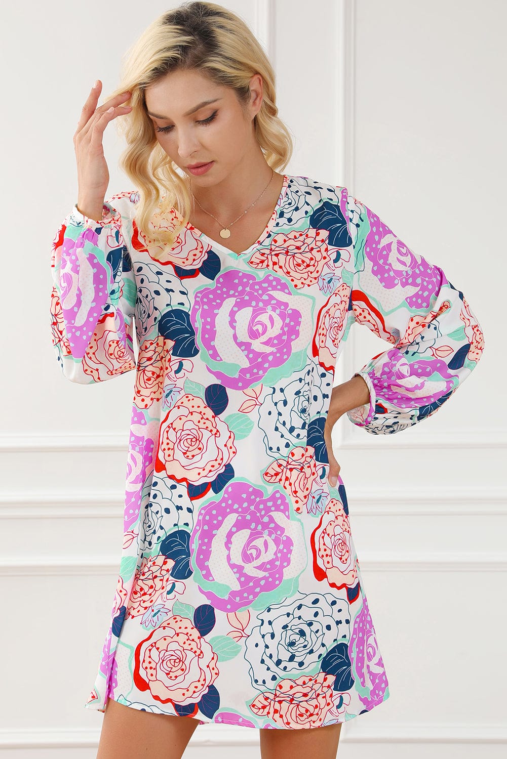 Blooming Floral Print Dress with Multicolor Bracelet Sleeves
