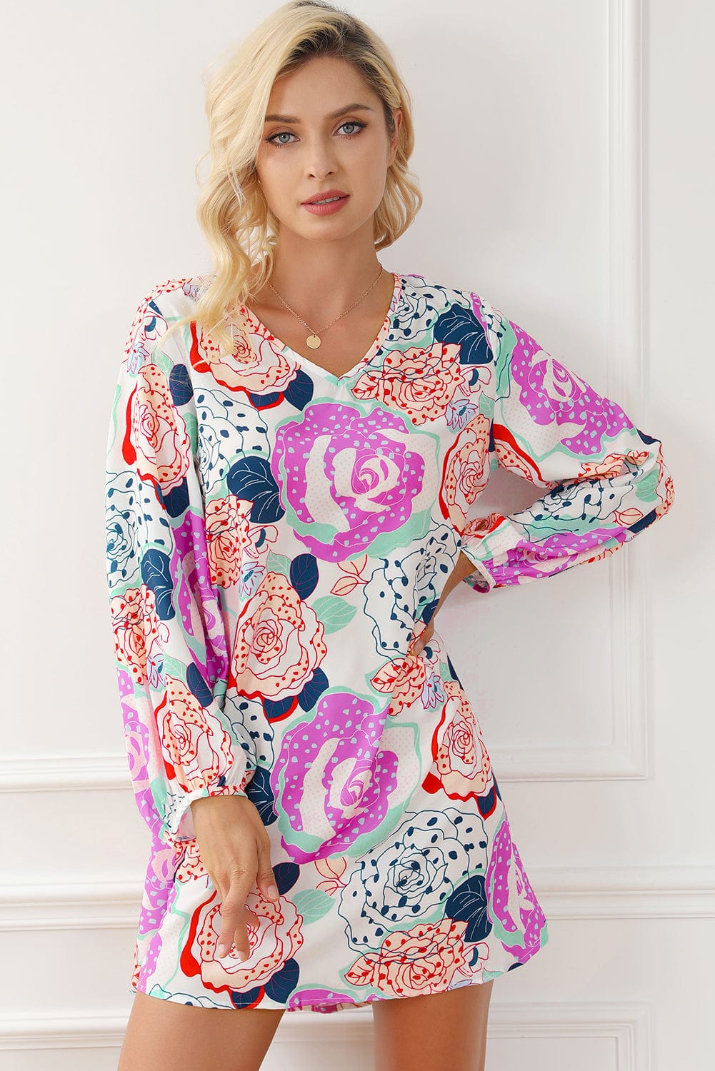 Blooming Floral Print Dress with Multicolor Bracelet Sleeves