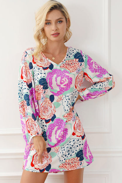 Blooming Floral Print Dress with Multicolor Bracelet Sleeves