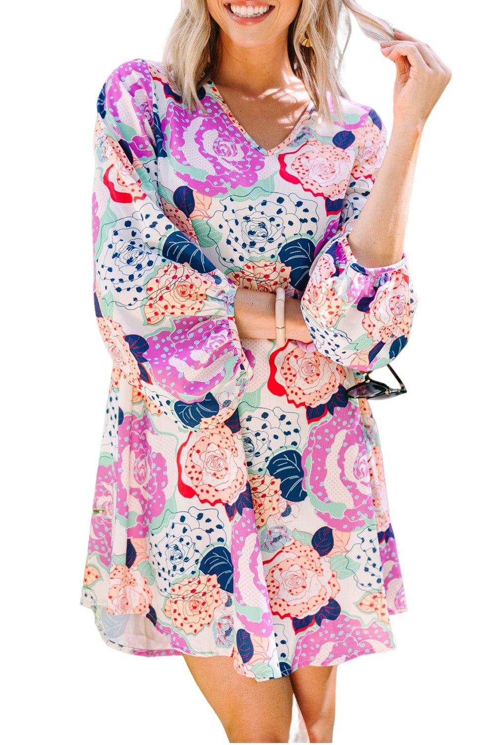 Blooming Floral Print Dress with Multicolor Bracelet Sleeves