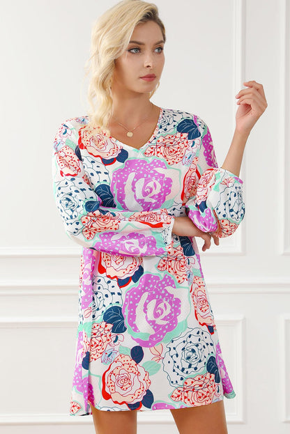 Blooming Floral Print Dress with Multicolor Bracelet Sleeves