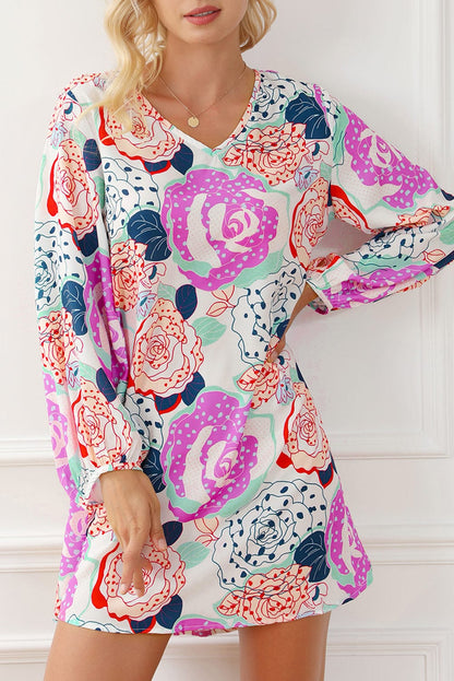 Blooming Floral Print Dress with Multicolor Bracelet Sleeves