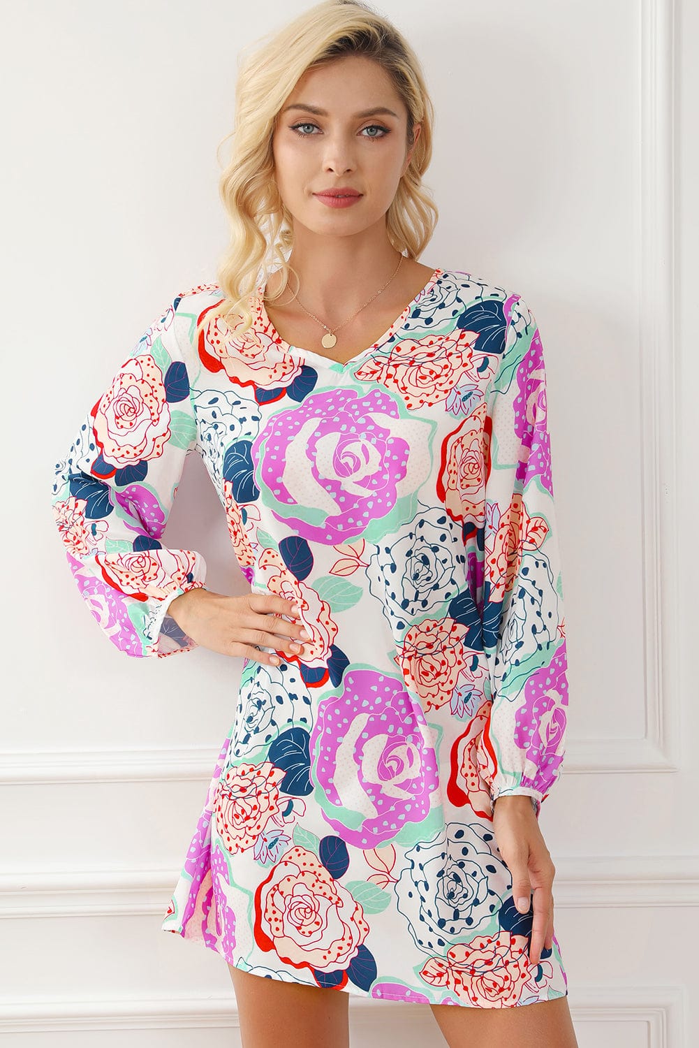 Blooming Floral Print Dress with Multicolor Bracelet Sleeves