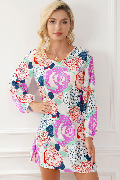 Blooming Floral Print Dress with Multicolor Bracelet Sleeves