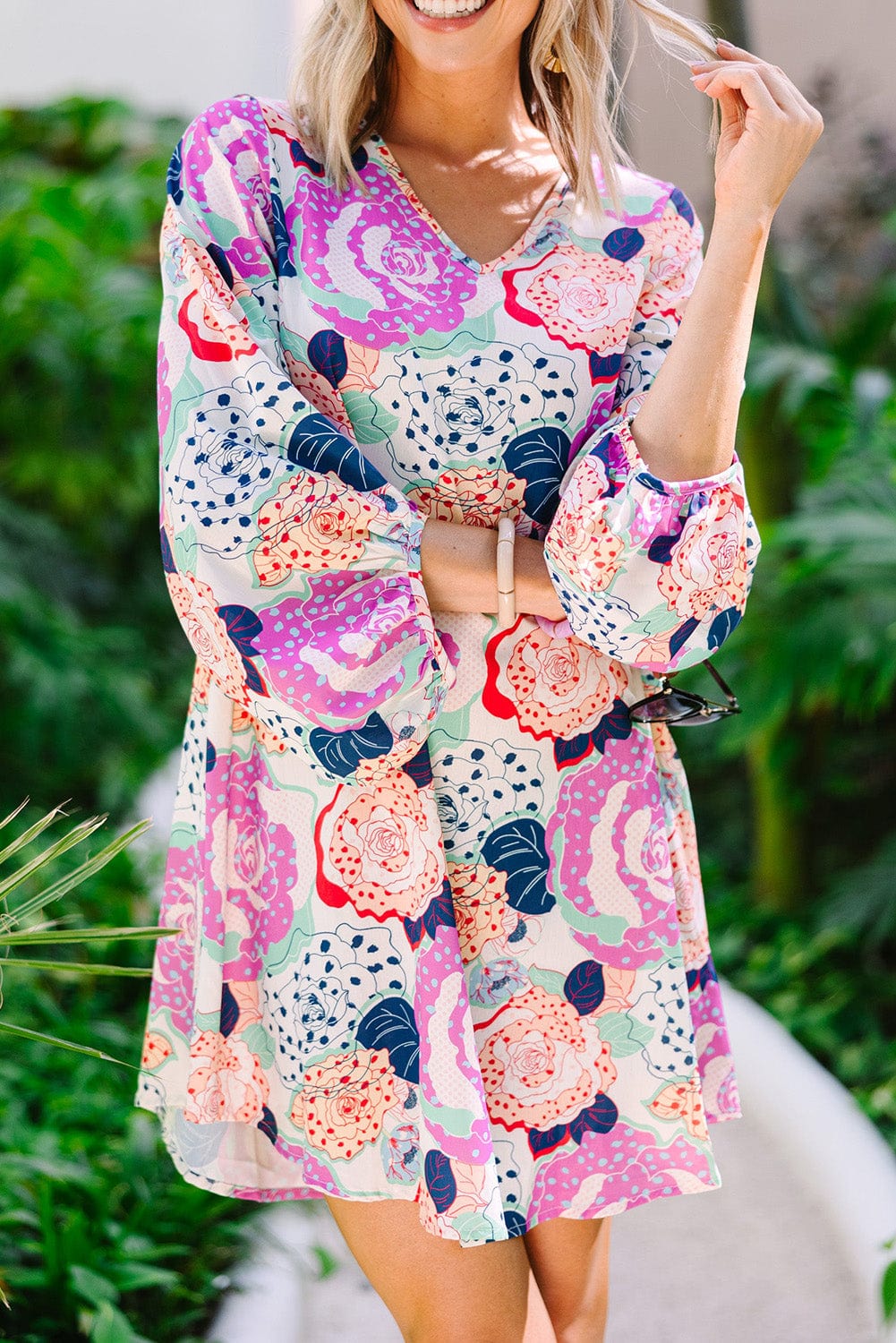 Blooming Floral Print Dress with Multicolor Bracelet Sleeves