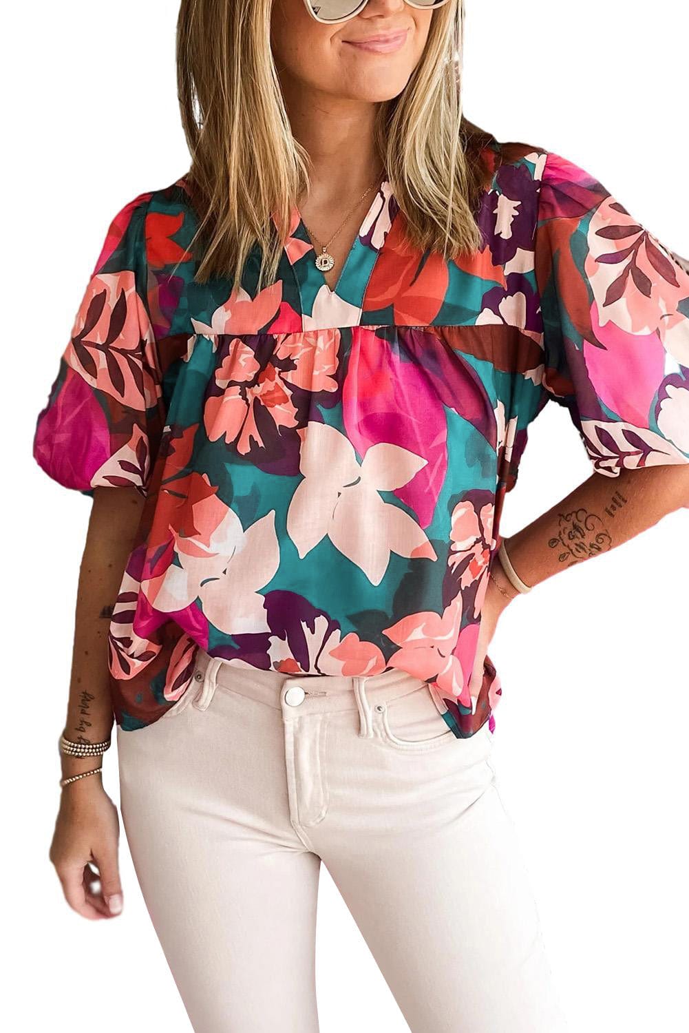 Blooming Rose Floral Puff Sleeve V-Neck Blouse