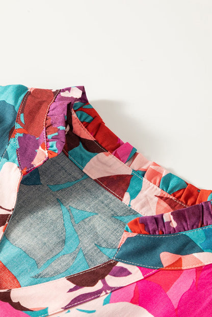 Blooming Rose Floral Puff Sleeve V-Neck Blouse