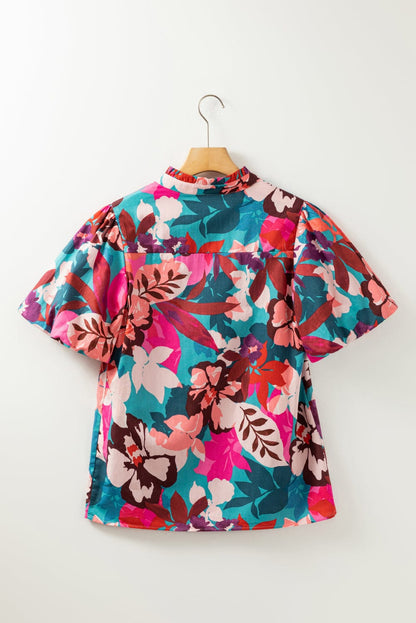 Blooming Rose Floral Puff Sleeve V-Neck Blouse