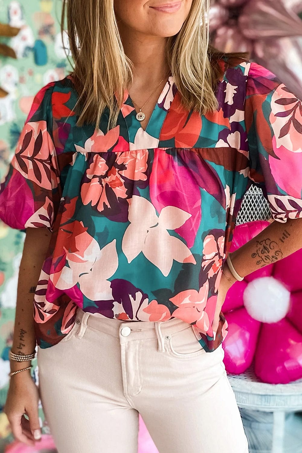 Blooming Rose Floral Puff Sleeve V-Neck Blouse