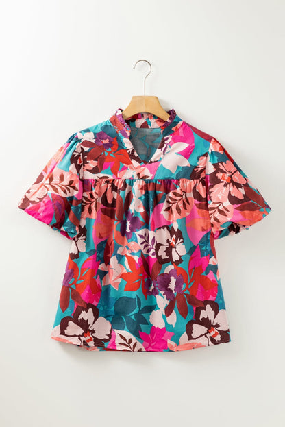 Blooming Rose Floral Puff Sleeve V-Neck Blouse