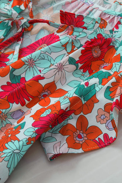 Blooming Rose Red V Neck Tank Top with Drawstring Detail