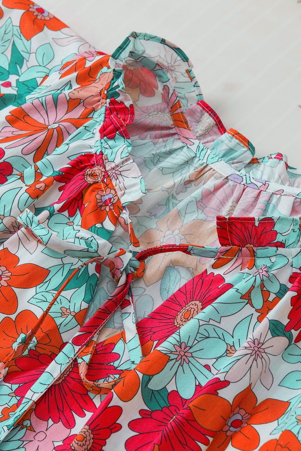 Blooming Rose Red V Neck Tank Top with Drawstring Detail