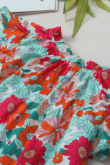 Blooming Rose Red V Neck Tank Top with Drawstring Detail