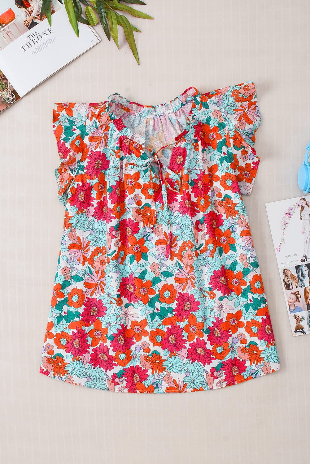 Blooming Rose Red V Neck Tank Top with Drawstring Detail