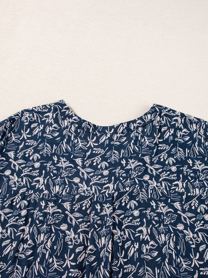 Blue Abstract Patterned V Neck Button-Up Blouse