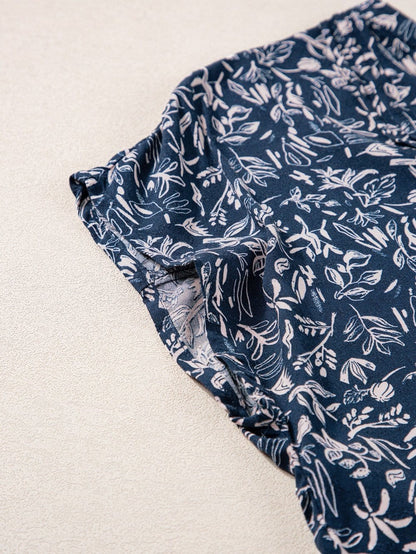 Blue Abstract Patterned V Neck Button-Up Blouse