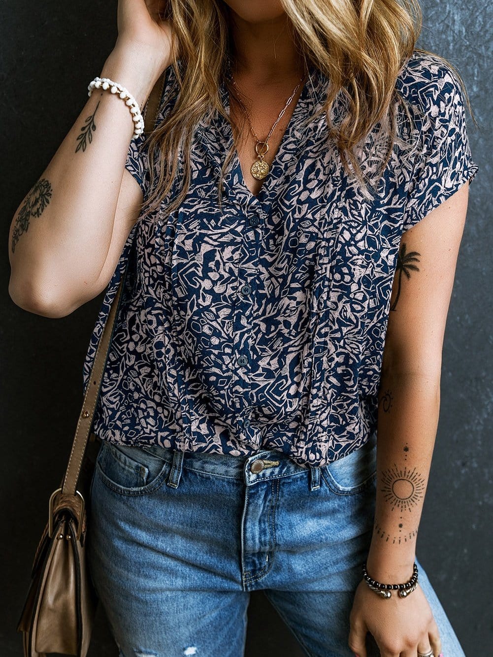 Blue Abstract Patterned V Neck Button-Up Blouse